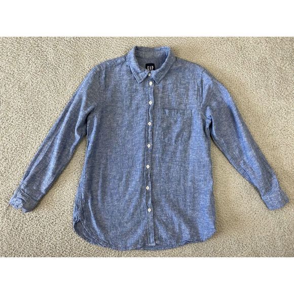 GAP Tops - Gap Linen Blend Button Up Shirt Womens Medium Blue Boyfriend Fit